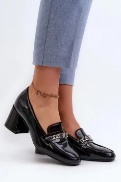 Lakierowane Czółenka Na Niskim Obcasie Z Ozdobą Czarne Makki