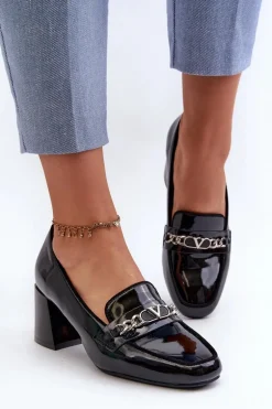 Lakierowane Czółenka Na Niskim Obcasie Z Ozdobą Czarne Makki