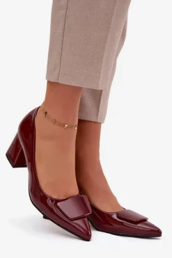 Lakierowane Czółenka Na Słupku Z Ozdobą Bordowe Isoline