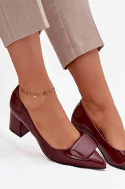 Lakierowane Czółenka Na Słupku Z Ozdobą Bordowe Isoline