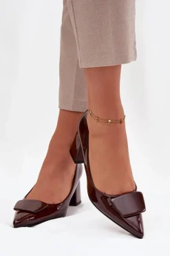 Lakierowane Czółenka Na Słupku Z Ozdobą Czekoladowe Isoline