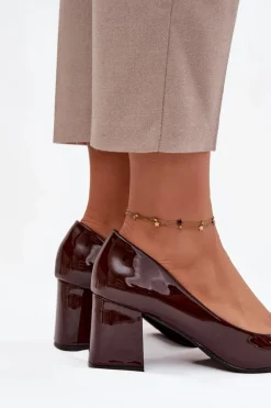 Lakierowane Czółenka Na Słupku Z Ozdobą Czekoladowe Isoline