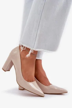 Lakierowane Czółenka Na Słupkowym Obcasie Beżowe Kilanne