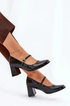 Lakierowane Czółenka Na Słupku Z Paskiem I Sprzączką Czarne Tammirea