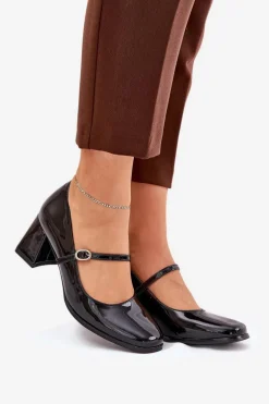 Lakierowane Czółenka Na Słupku Z Paskiem I Sprzączką Czarne Tammirea