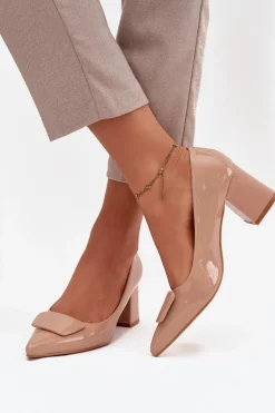 Lakierowane Czółenka Na Słupku Z Ozdobą Nude Isoline