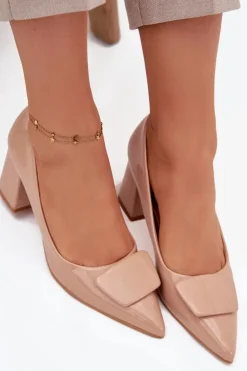 Lakierowane Czółenka Na Słupku Z Ozdobą Nude Isoline