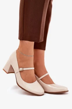 Lakierowane Czółenka Na Słupku Z Paskiem I Sprzączką Beżowe Tammirea