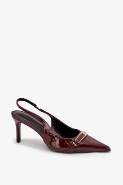 Lakierowane Czółenka Na Szpilce Ze Złotą Klamrą Czekoladowe Vivae