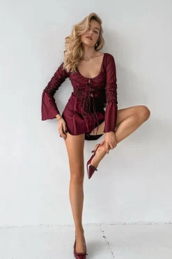 Lakierowane Czółenka Na Szpilce Z Kokardką Bordowe Olvena