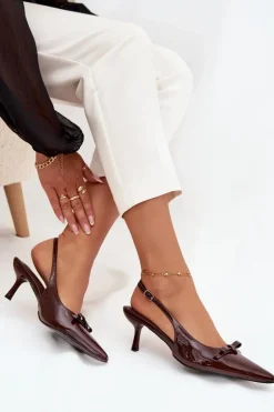 Lakierowane Czółenka Na Szpilce Z Kokardką Czekoladowe Olvena