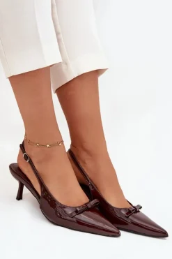 Lakierowane Czółenka Na Szpilce Z Kokardką Czekoladowe Olvena