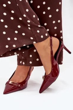 Lakierowane Czółenka Na Szpilce Ze Złotą Klamrą Bordowe Vivae