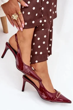 Lakierowane Czółenka Na Szpilce Ze Złotą Klamrą Bordowe Vivae