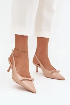 Lakierowane Czółenka Na Szpilce Z Kokardką Nude Olvena