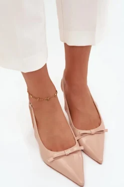 Lakierowane Czółenka Na Szpilce Z Kokardką Nude Olvena