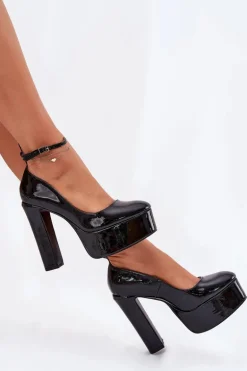 Lakierowane Czółenka Na Wysokim Słupku I Platformie Czarne Nianka