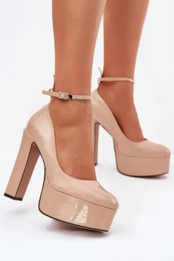 Lakierowane Czółenka Na Wysokim Słupku I Platformie Beżowe Nianka