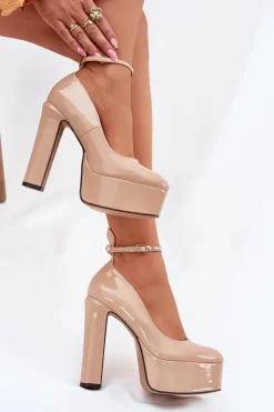 Lakierowane Czółenka Na Wysokim Słupku I Platformie Beżowe Nianka