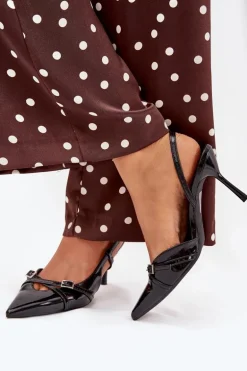 Lakierowane Czółenka Z Odkrytą Piętą I Paseczkami Czarne Ravira