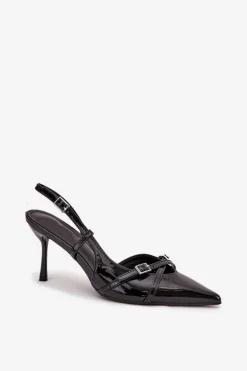 Lakierowane Czółenka Z Odkrytą Piętą I Paseczkami Czarne Ravira