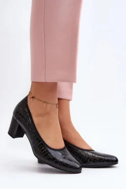 Lakierowane Czółenka Z Tłoczeniem Czarne Cynania