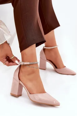 Lakierowane Czółenka Ze Szpiczastymi Noskami Na Słupku Beżowe Nossabel