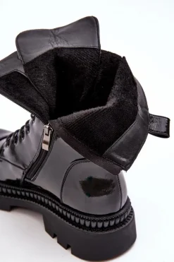 Lakierowane Damskie Botki Workery Sznurowane Czarne S.Barski MR870-72