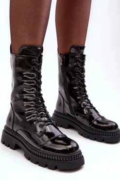 Lakierowane Damskie Botki Workery Sznurowane Czarne S.Barski MR870-72