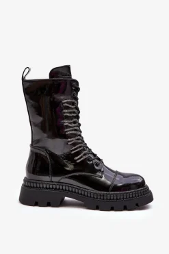Lakierowane Damskie Botki Workery Sznurowane Czarne S.Barski MR870-72