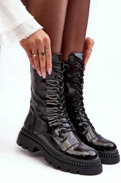 Lakierowane Damskie Botki Workery Sznurowane Czarne S.Barski MR870-72