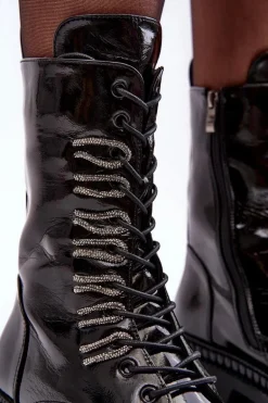 Lakierowane Damskie Botki Workery Sznurowane Czarne S.Barski MR870-72