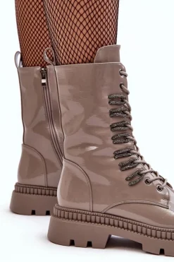 Lakierowane Damskie Botki Workery Sznurowane Ciemnobeżowe S.Barski MR870-72