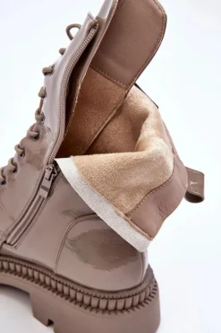 Lakierowane Damskie Botki Workery Sznurowane Ciemnobeżowe S.Barski MR870-72