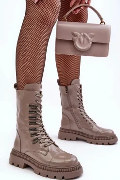 Lakierowane Damskie Botki Workery Sznurowane Ciemnobeżowe S.Barski MR870-72