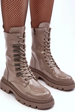 Lakierowane Damskie Botki Workery Sznurowane Ciemnobeżowe S.Barski MR870-72