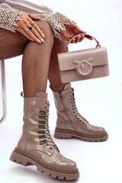 Lakierowane Damskie Botki Workery Sznurowane Ciemnobeżowe S.Barski MR870-72