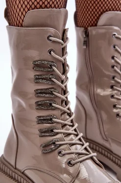 Lakierowane Damskie Botki Workery Sznurowane Ciemnobeżowe S.Barski MR870-72