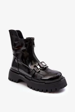 Lakierowane Damskie Botki Na Suwak D&A MR870-94 Czarne