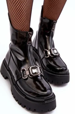 Lakierowane Damskie Botki Na Suwak D&A MR870-94 Czarne