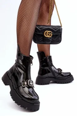 Lakierowane Damskie Botki Na Suwak D&A MR870-94 Czarne