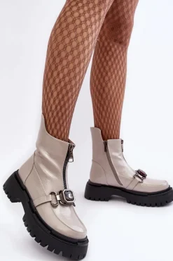 Lakierowane Damskie Botki Na Suwak D&A MR870-94 Jasnoszare