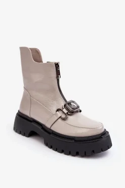 Lakierowane Damskie Botki Na Suwak D&A MR870-94 Jasnoszare