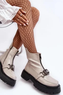 Lakierowane Damskie Botki Na Suwak D&A MR870-94 Jasnoszare