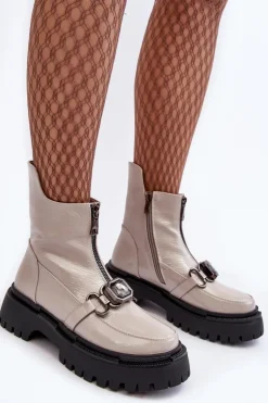 Lakierowane Damskie Botki Na Suwak D&A MR870-94 Jasnoszare