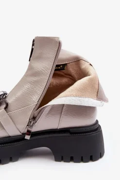 Lakierowane Damskie Botki Na Suwak D&A MR870-94 Jasnoszare