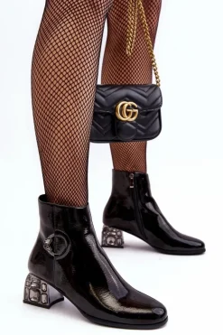 Lakierowane Damskie Botki Na Zdobionym Obcasie D&A MR870-93 Czarne