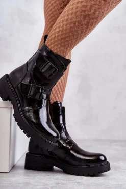 Lakierowane Damskie Botki Na Suwak Czarne Gritta