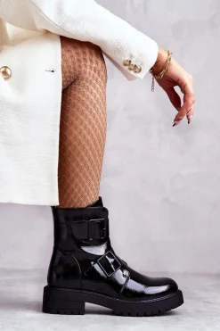 Lakierowane Damskie Botki Na Suwak Czarne Gritta