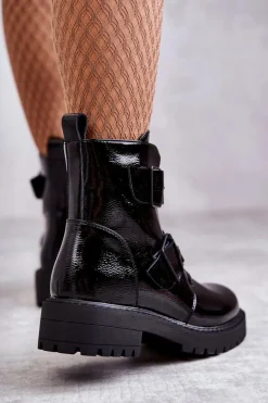 Lakierowane Damskie Botki Na Suwak Czarne Gritta